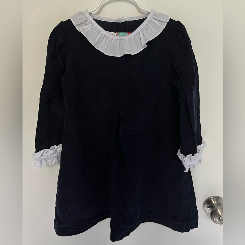 Shrimp and Grits Kids Navy Corduroy Dress with Ruffle Collar